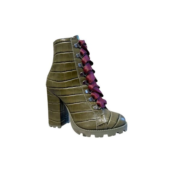 Schutz Olive Green Croc-Embossed Lace-Up Block Heel Boots W/ Burgundy Laces - 5 - Picture 4 of 9